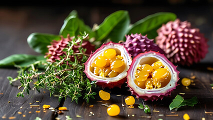 Red passion fruit with thyme