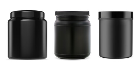 Sport supplement, bcaa, whey protein bottle set. Black plastic jar mockup. Muscle power gainer container illustration. Realistic amino pill vitamin package for bodybuilding. Creatine can