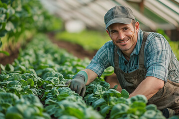 Smiling farmer tending to vibrant spinach plants in a lush greenhouse garden