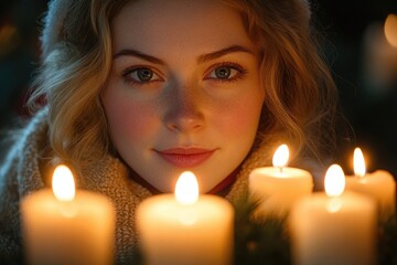 A woman sits amidst a circle of lit candles in a dimly lit space, creating an intimate atmosphere