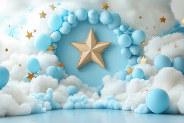 First Birthday Celebration – Christmas Photography Background with Balloons, Stars, and Fluffy Clouds on Blue Wall