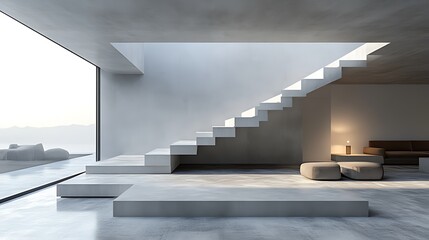 Obraz premium Modern minimalist home interior with floating staircase, large window, and sleek furniture.