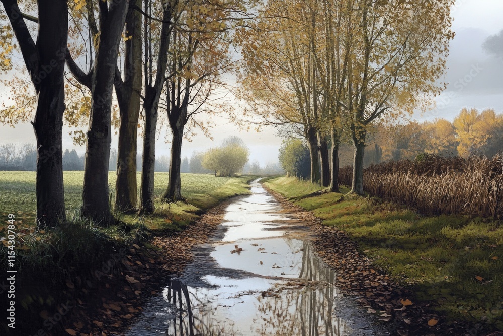 Poster a scenic view of a wet road lined with trees and grass, perfect for use in landscape photography or 