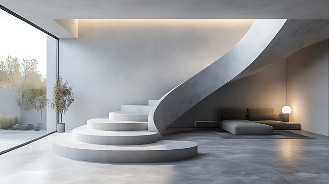 Modern minimalist home interior with curved concrete staircase, large window, and seating area.