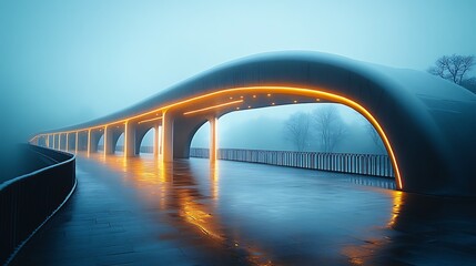 Obraz premium Futuristic bridge illuminated at dawn in winter fog