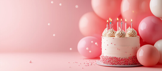 Pastel pink birthday cake with balloons and copy space