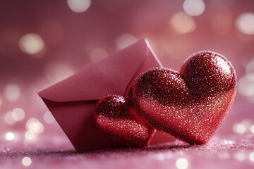 Fototapeta premium Two small red hearts perched atop a pink envelope, symbolizing love and affection