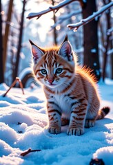 playful lynx kitten explores snowy forest, vaporwave aesthetic, copy space on left for text
