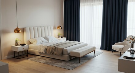 Modern Bedroom Interior Design Luxury Bed Nightstands Bench