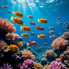 Fototapeta premium Colorful Parrotfish Juveniles Swimming on Coral Reef, Vibrant Marine Life, Side Perspective, Sunlit Water, Text Area, Vaporwave Aesthetic, For Digital Backgrounds or Social Media Posts