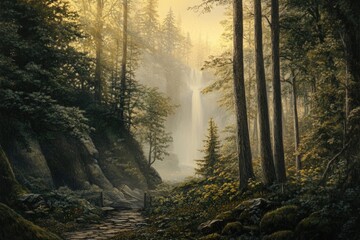 Obraz premium A serene waterfall cascades down rocky cliffs amidst lush foliage