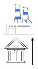 Factory with smokestacks classical building upward arrow. Ideal for themes of growth, progress, economy, industry, business, development, success. Line metaphor