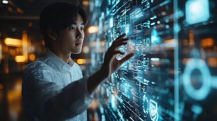 Young Professional Interacting with Futuristic Digital Interface in Modern Office Environment, Engaging with Technology and Innovation in Data Visualization