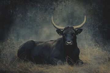 Naklejka premium A black cow lies down in a green field