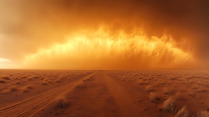 Naklejka premium Dramatic dust storm over desert road at sunset.