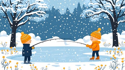 Two Children Ice Fishing on a Snowy Winter Day