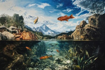 Obraz premium A fish swimming in a calm lake with surrounding water plants and sunlight reflections