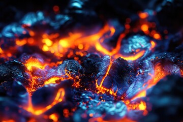 A close-up shot of a hot coal grill with flames and heat