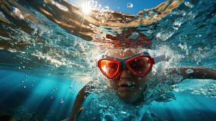 Naklejka premium Underwater Summer Fun: A Child's Joyful Dive