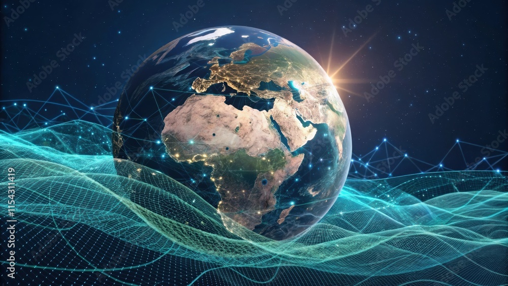 Poster planet earth is rotating over digital waves of data flowing in cyberspace, symbolizing global commun