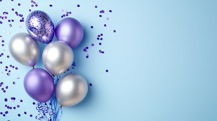 Close-up Photo: Shimmering Silver and Purple Balloons Celebrate Joyfully on Pastel Blue Background. AI Generated