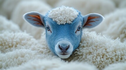 A close-up shot of a sheep's head showing its blue-painted face, suitable for creative projects and artistic expressions