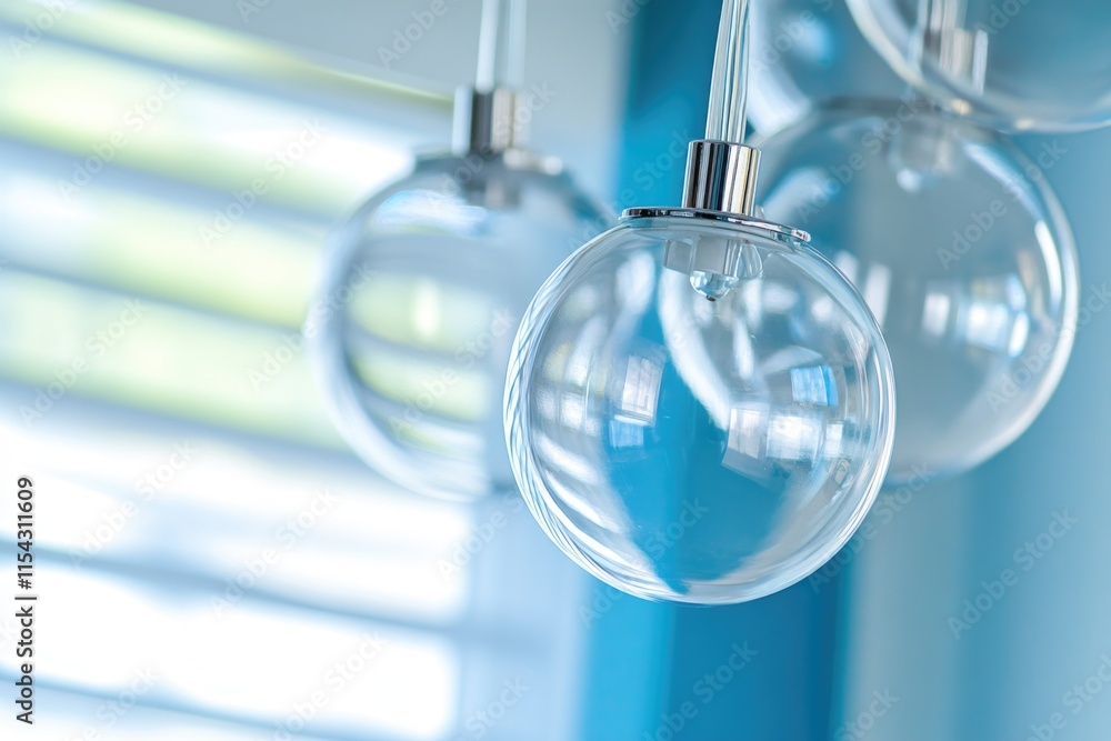 Poster glass balls suspended from the ceiling, creating a visually appealing display