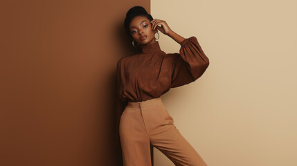 Mock-up image of a beautiful woman standing in mocha mousse dress with copy space, fashion photography
