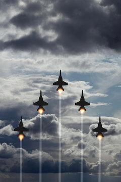Air Force Day. Aircraft silhouettes on background of cloudy sky. Vertical poster.