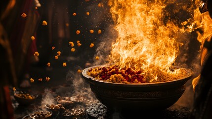 Burning offering of flowers and incense in a large ornate bowl.  Flames rise high, creating a dramatic and spiritual atmosphere.  Petals drift in the air.