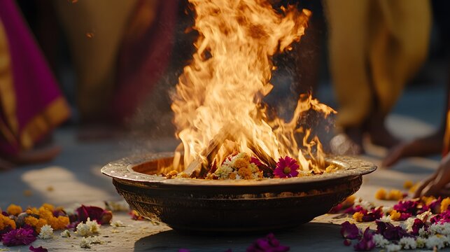 A vibrant fire burns in a traditional metal bowl, surrounded by colorful flowers.  The scene suggests a religious or cultural ceremony, with blurred figures in the background.