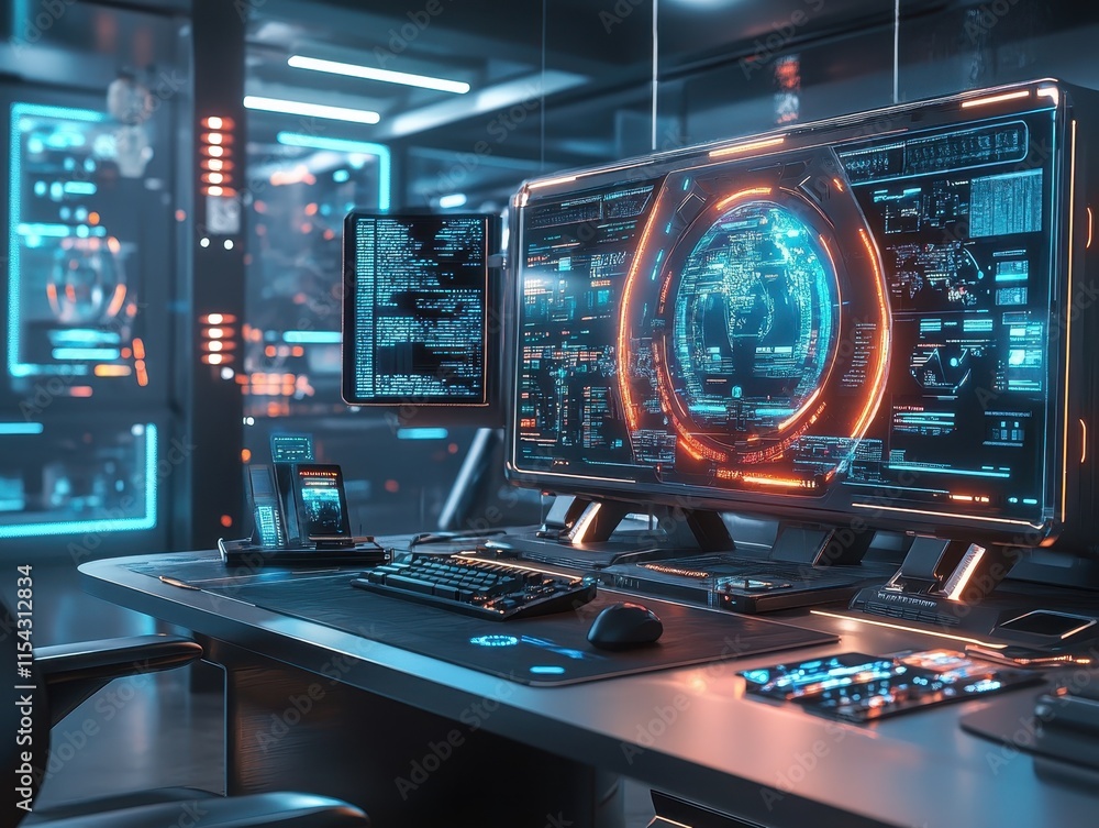 Poster futuristic control room with advanced technology and glowing interfaces.