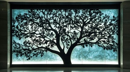 Illuminated backlit tree silhouette art.