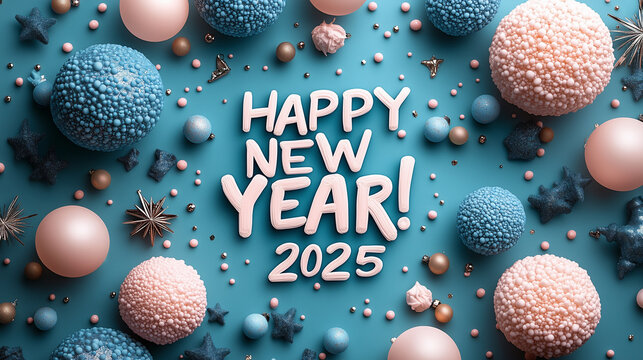 Pastel gradient background transitioning from mint green to blush pink, with text "HAPPY NEW YEAR! 2025" in bold white.