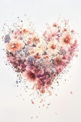 A vibrant heart shape crafted from various flowers in soft pastel shades. This artistic creation showcases a blend of pinks, purples, and whites, radiating warmth and love, perfect for romantic themes