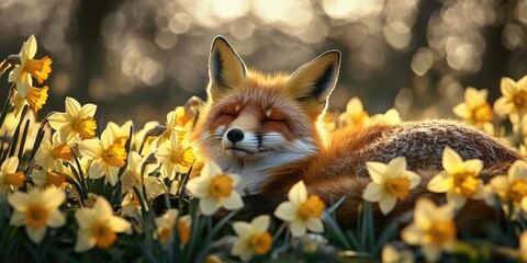 Fototapeta premium Red Fox in Daffodil Field