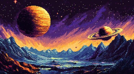 Fototapeta premium Vibrant Digital Painting: Alien Landscape with Majestic Planets at Sunset. AI Generated