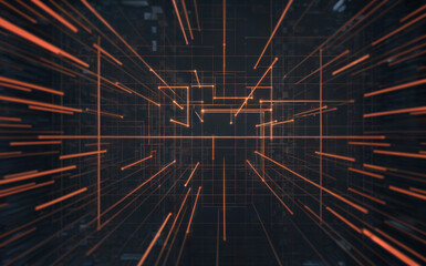 A digital or virtual space with a grid-like structure. Bright, glowing lines, primarily in orange, extend radially from a central point, converging towards the viewer.