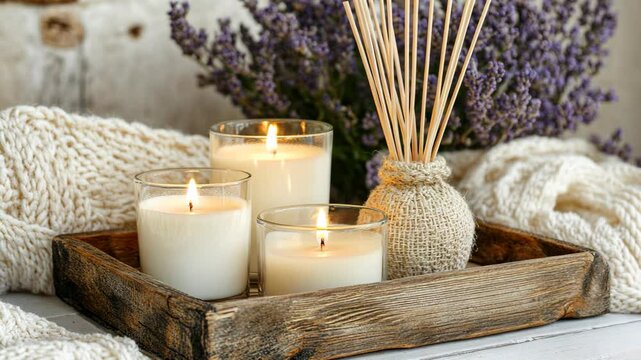 Tranquil home decor with candles and lavender on a cozy wooden tray