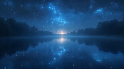 Serene night scene with starry sky reflected in calm lake water, misty trees lining the shore.