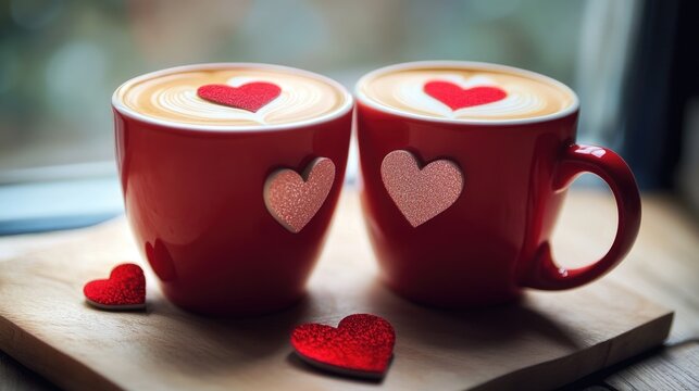 Two coffee mugs with heart designs and a romantic touch
