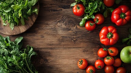 Fresh tomatoes and herbs on rustic wooden table