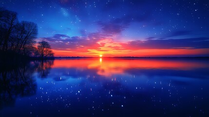 Naklejka premium Serene sunset over calm lake reflecting vibrant sky with stars and trees.