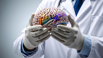 Doctor's gloved hands holding a model of a human brain