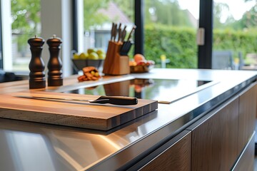 Interior of modern kitchen with black granite countertop and built in cooker