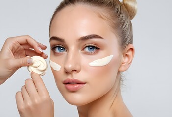 Beauty girl applying moisturizing cream on her face. Photo of young woman with flawless nude skin on white background rub scrub mask to calm down inflammation, better skin-tone