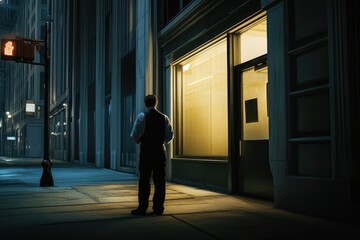 A person standing outside a building at nighttime, possibly looking for something or waiting for someone