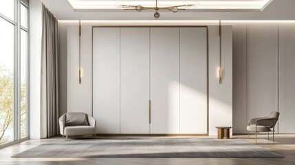 Modern minimalist living room with large white closet, armchairs, and rug.