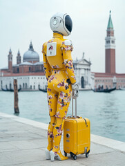 Futuristic humanoid robot in a floral design exploring iconic Venice