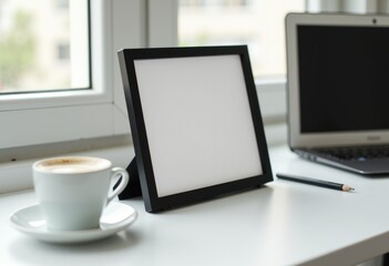Fototapeta premium Modern Minimalist Workspace Featuring Sleek Black Photo Frame Laptop and Coffee